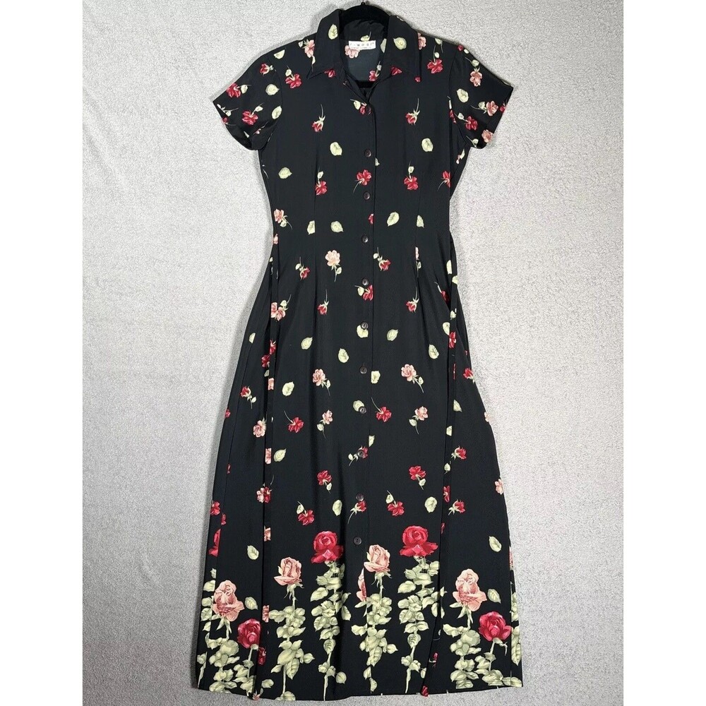 Vintage R Wear Rampage Dress Women’s Size 33" Waist‎ Full Button Roses Black 90s